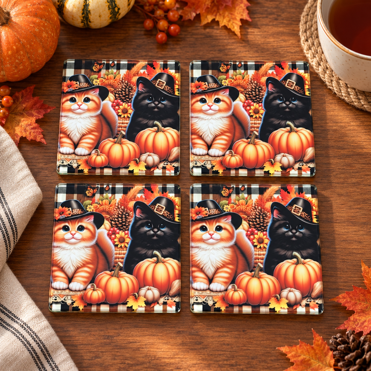 Fall Cat Glass Coaster Set