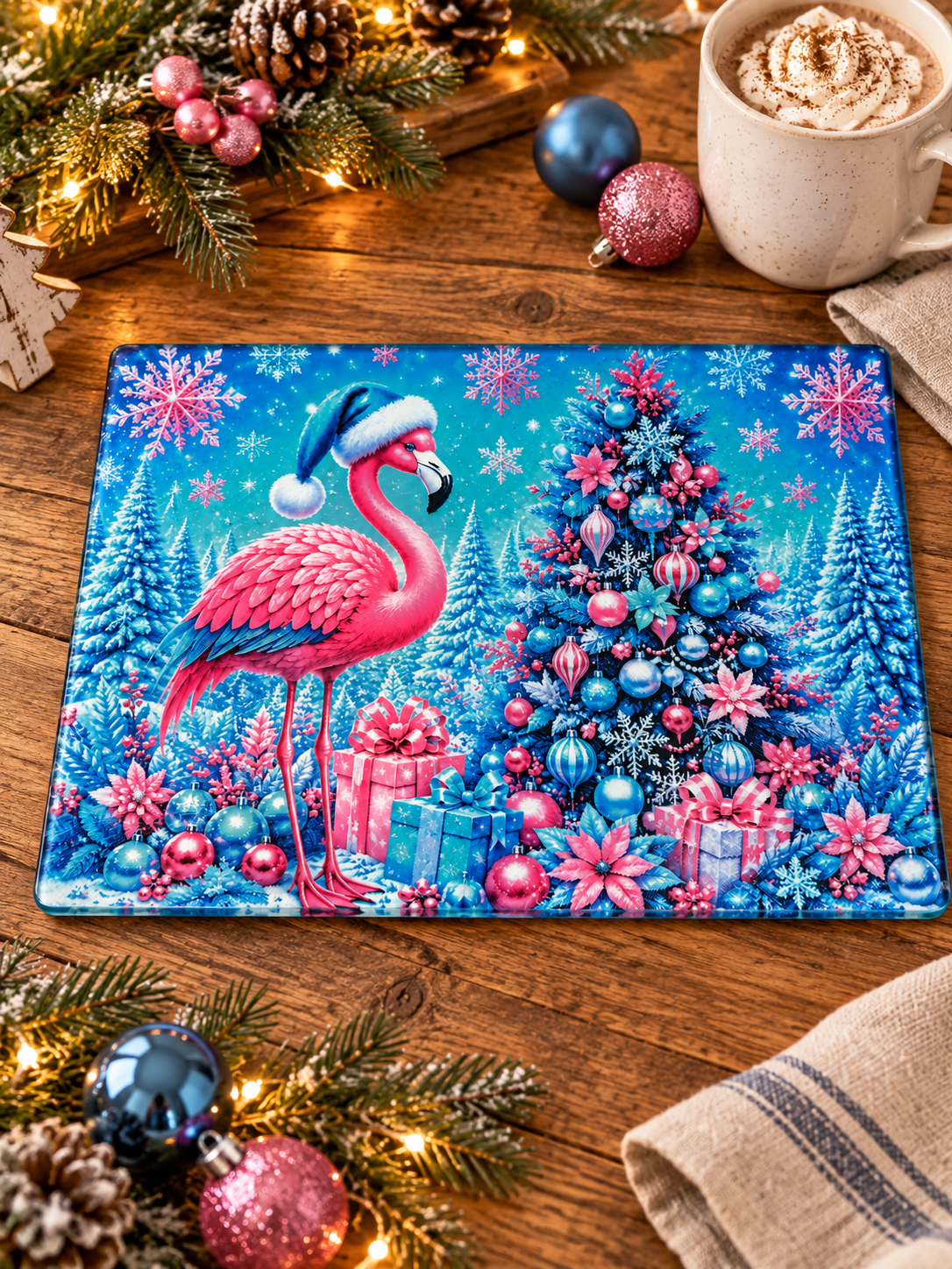 Flamingo Christmas Glass Cutting Board