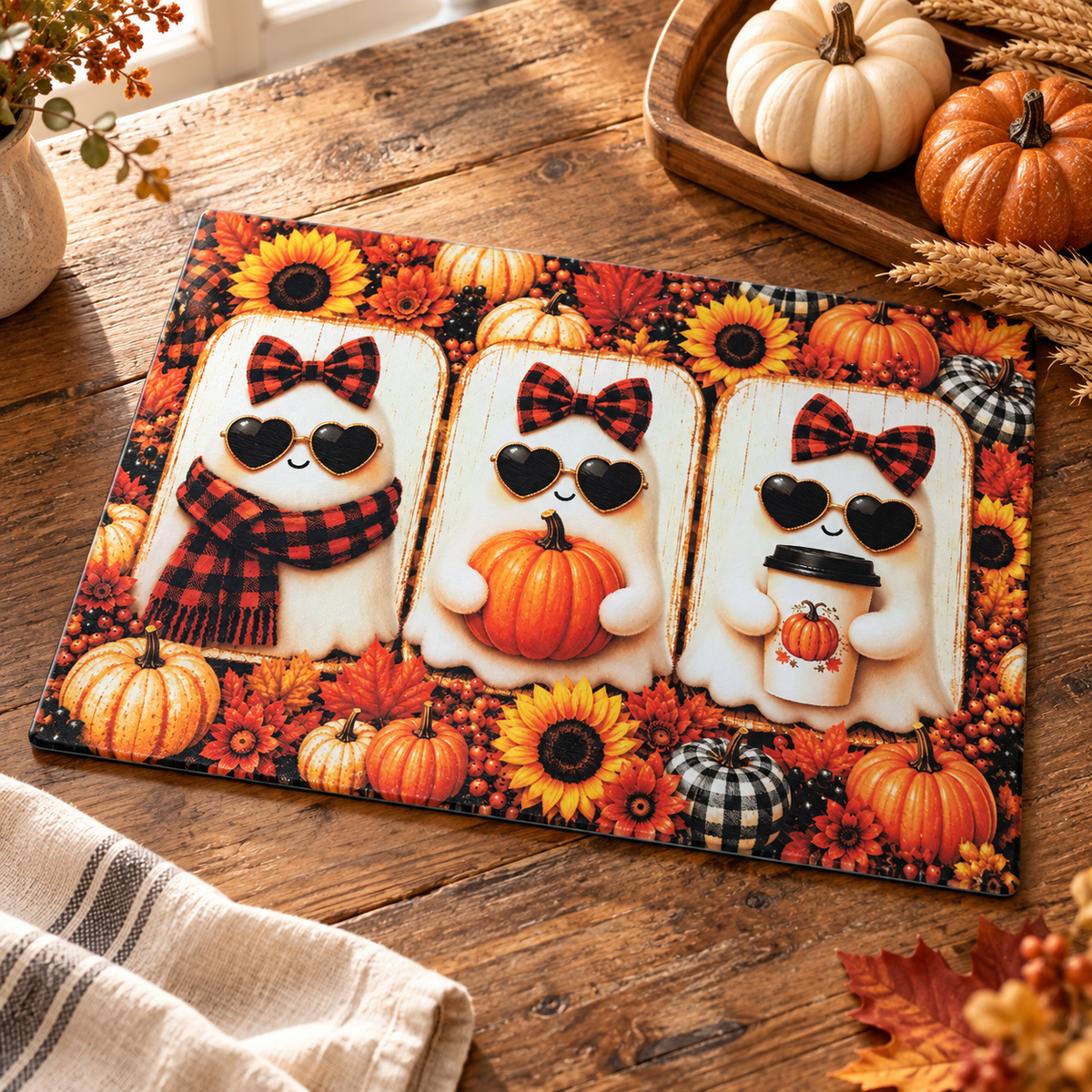 Fall Ghost Glass Cutting Board