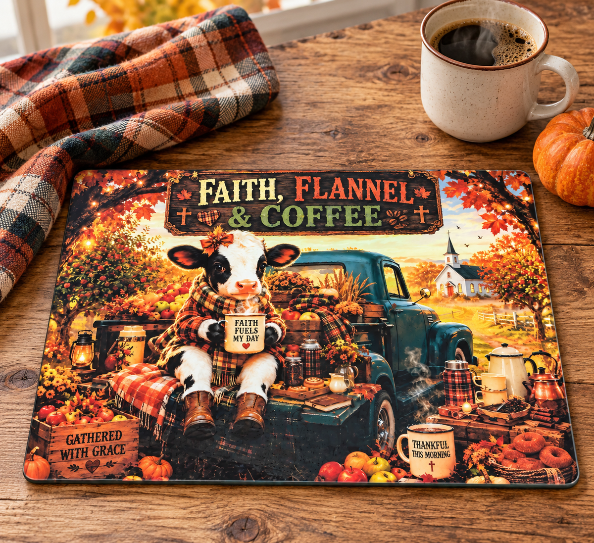 Faith, Flannel & Coffee Glass cutting board