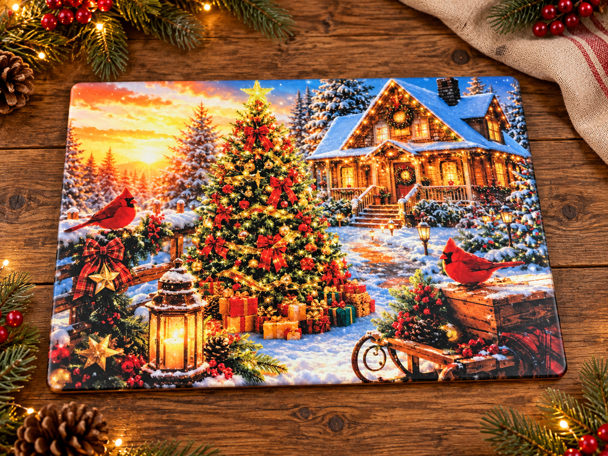 Cardinal Christmas Glass Cutting Board