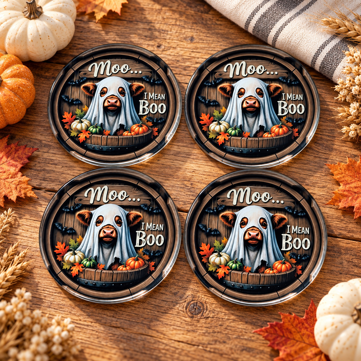 Boo Highland Cow Glass Coaster Set