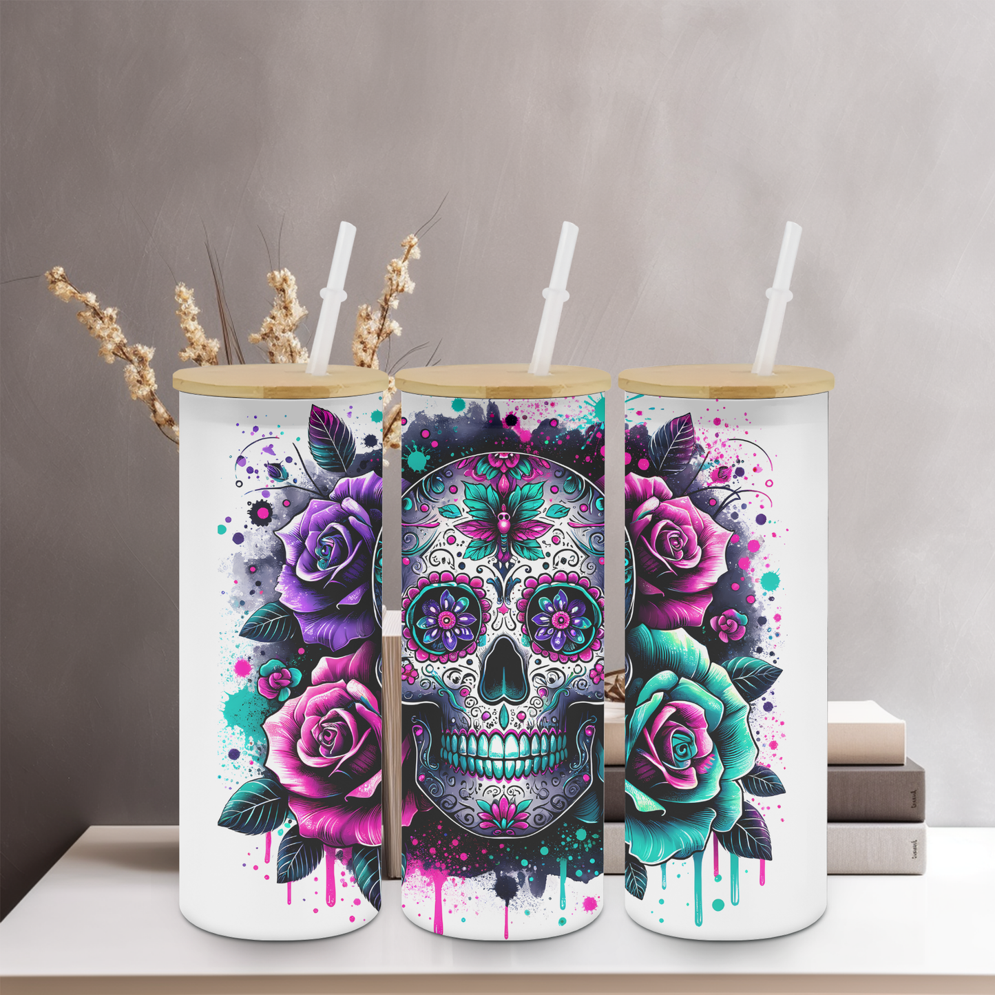 Sugar Skull 25oz Frosted Glass Tumbler | Glitz & Glamour