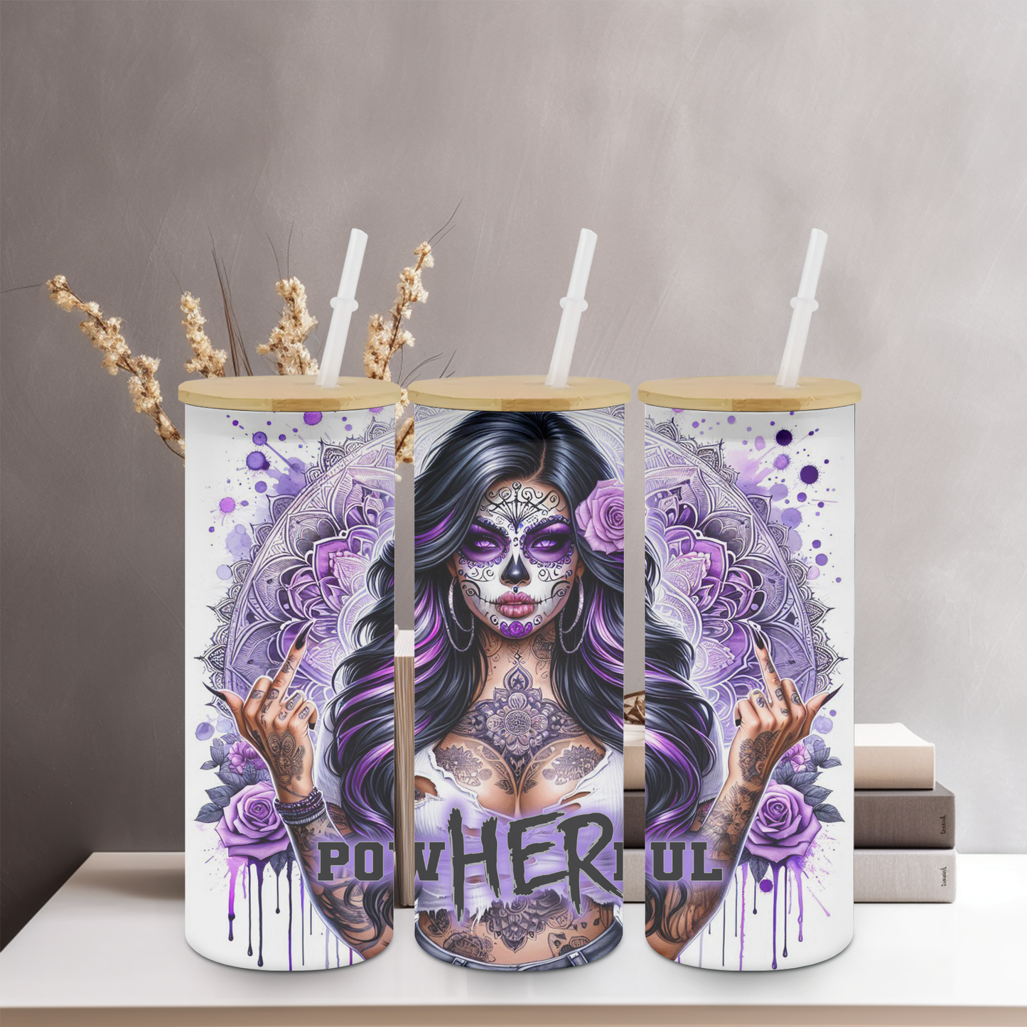 Powherful Sugar Skull 25oz Frosted Glass Tumbler | Glitz & Glamour