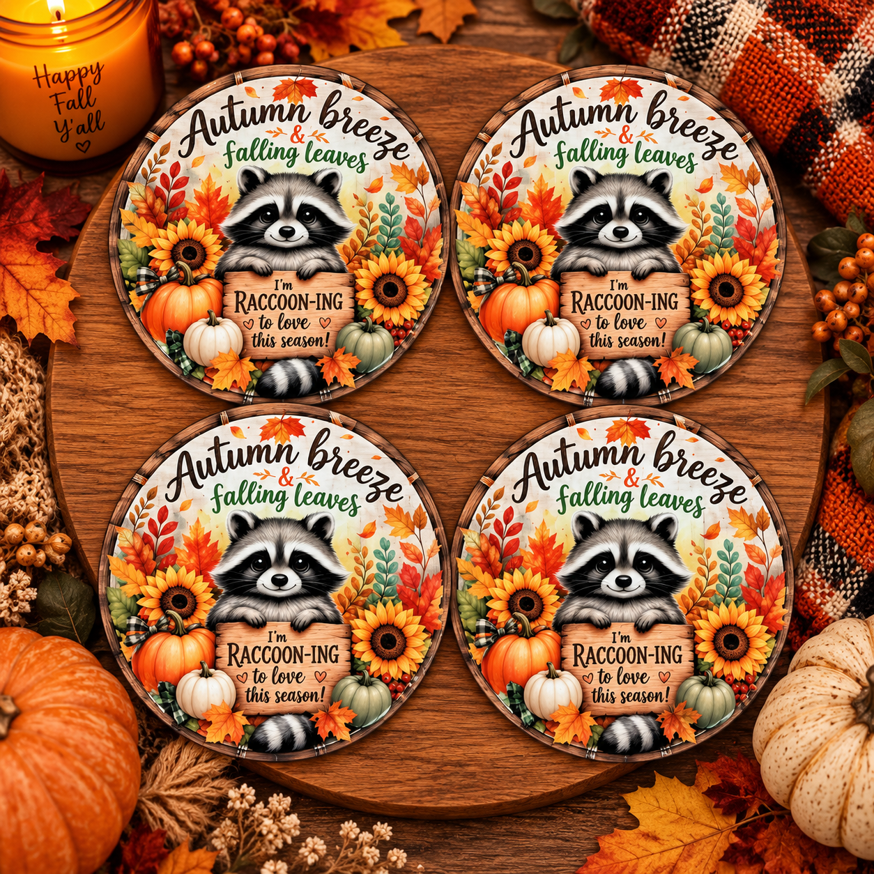 Autumn Raccoon glass coaster set