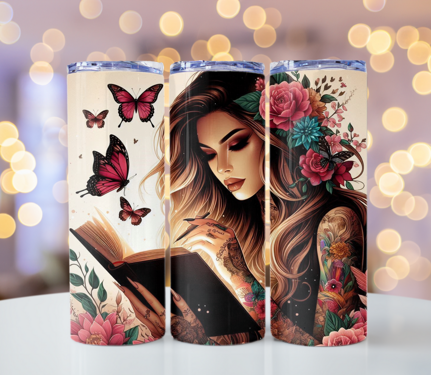 Tattoo Girl Reading Tumbler | Glitz & Glamour Tumblers