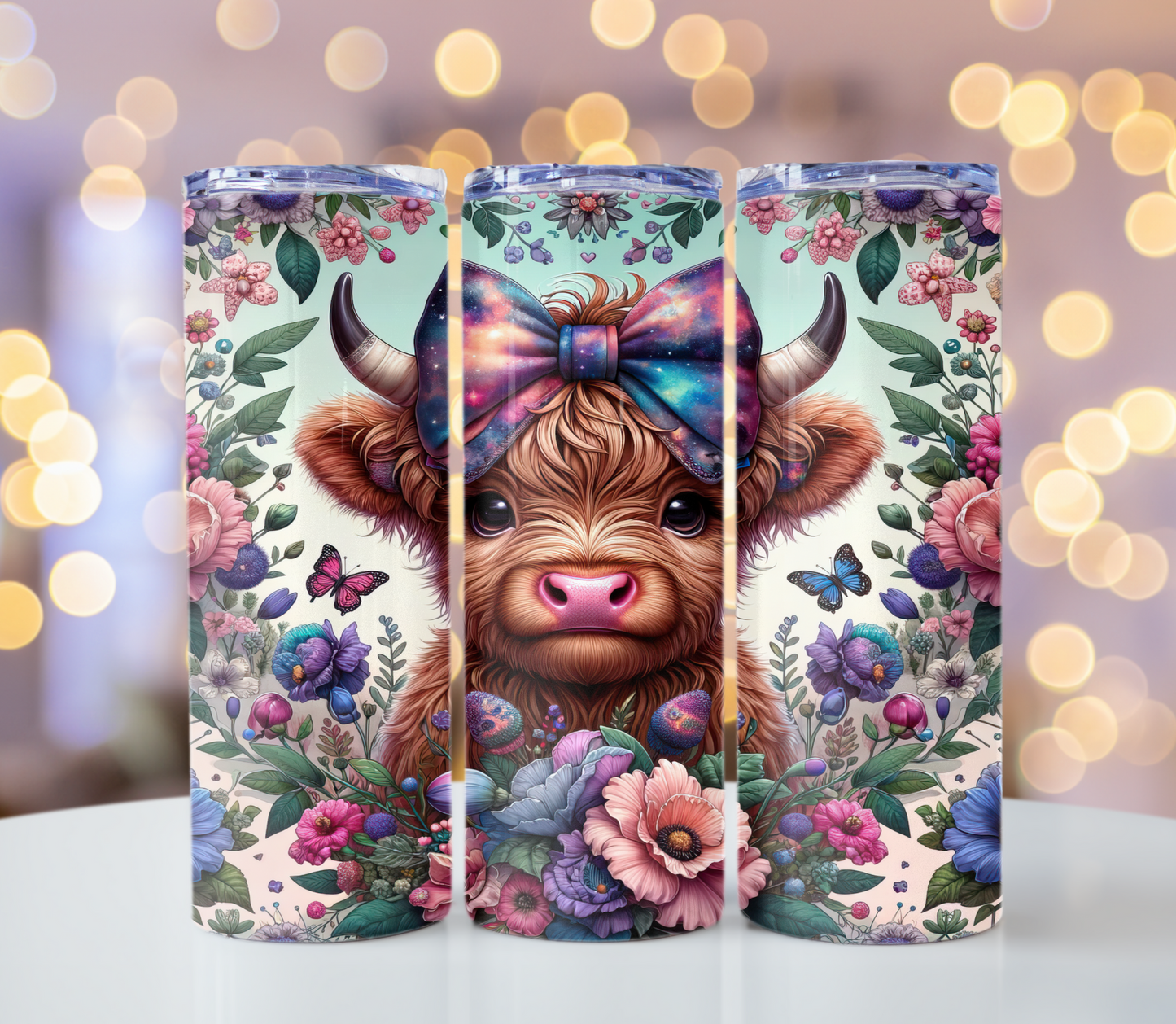 Highland Cow With Bow Floral Design Tumbler | Glitz & Glamour Tumblers