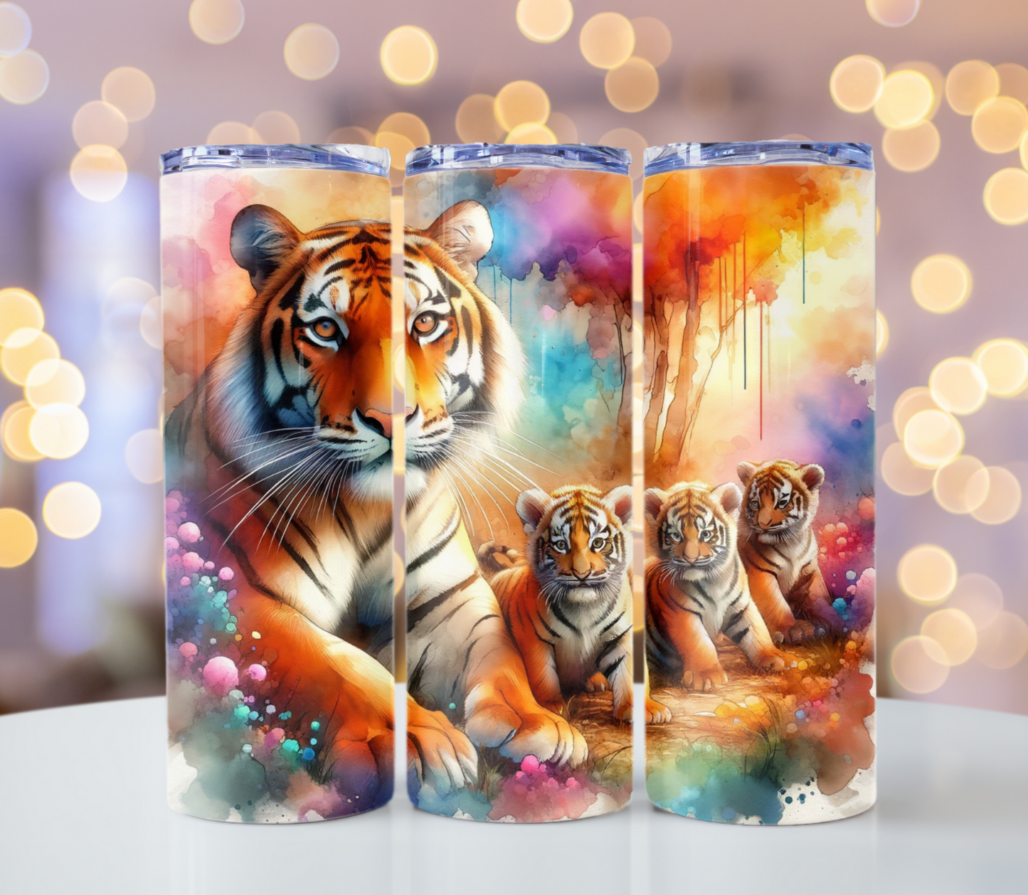 Tiger with Cubs Watercolor Design Tumbler | Glitz & Glamour Tumblers