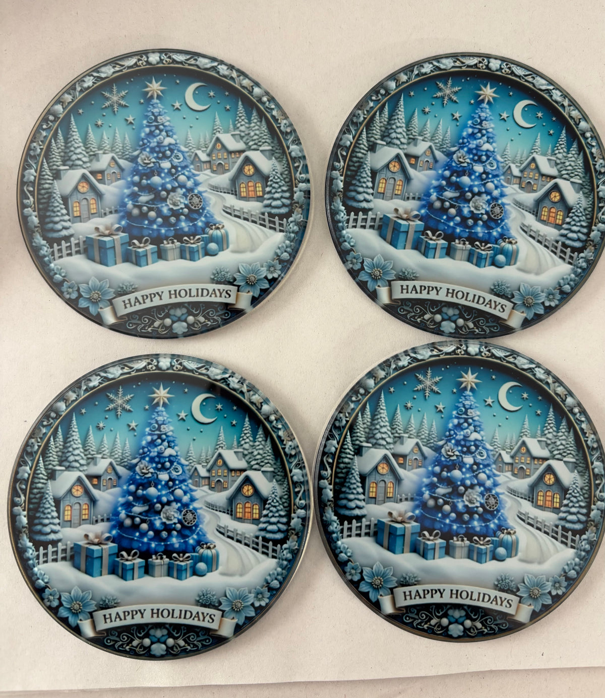 Happy Holidays Round Glass Coaster Set