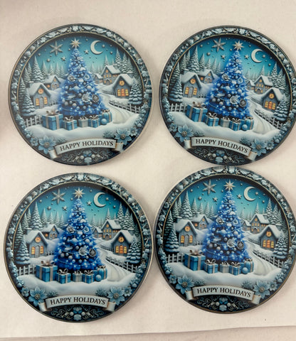 Happy Holidays Round Glass Coaster Set