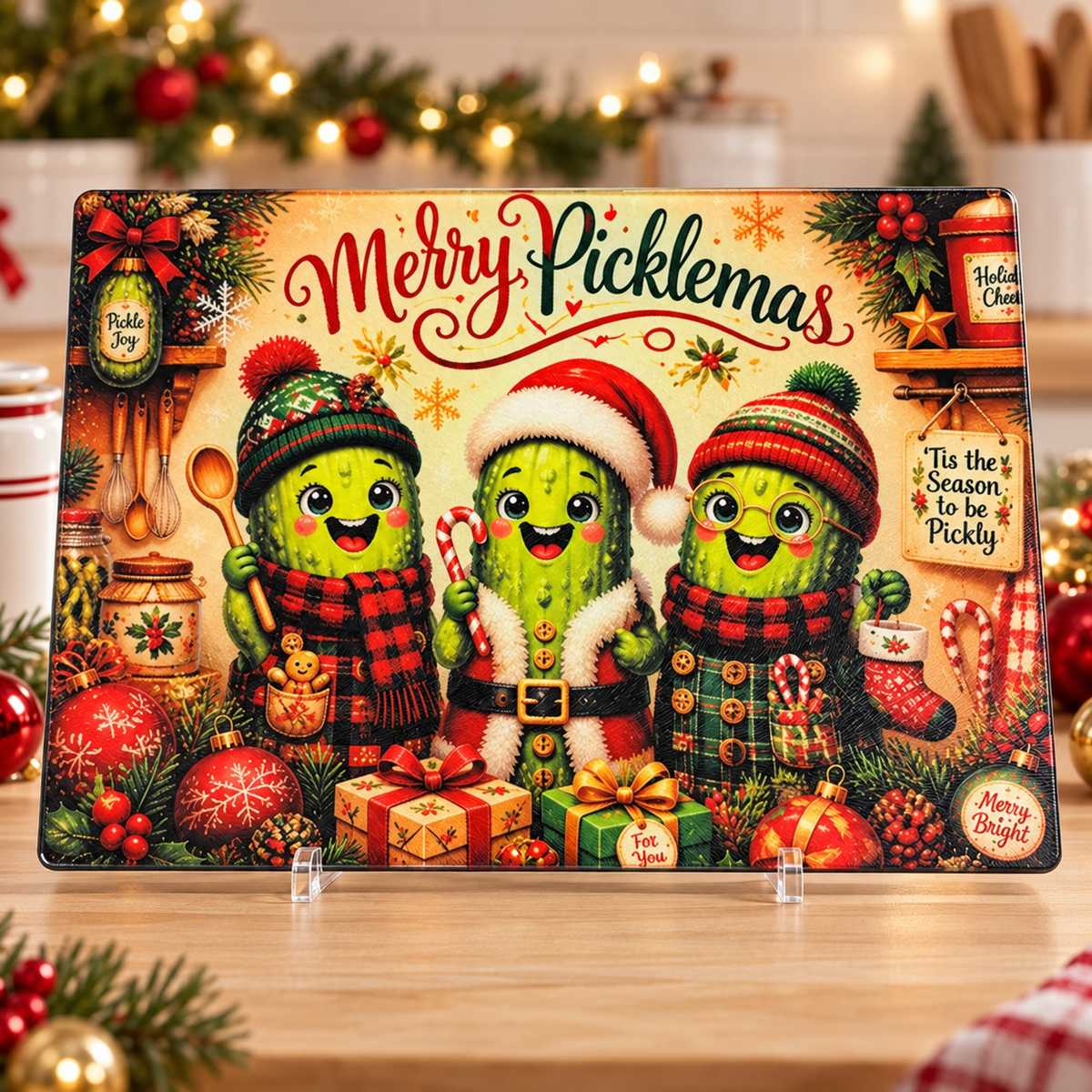 Merry Picklemas Glass Cutting Board