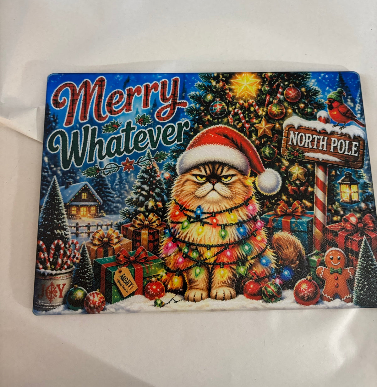 Merry Whatever Cat Glass Cutting Board