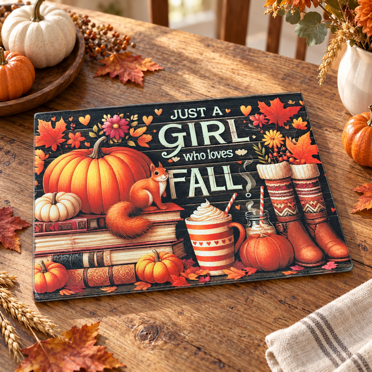 Girl that Loves Fall Glass Cutting Board