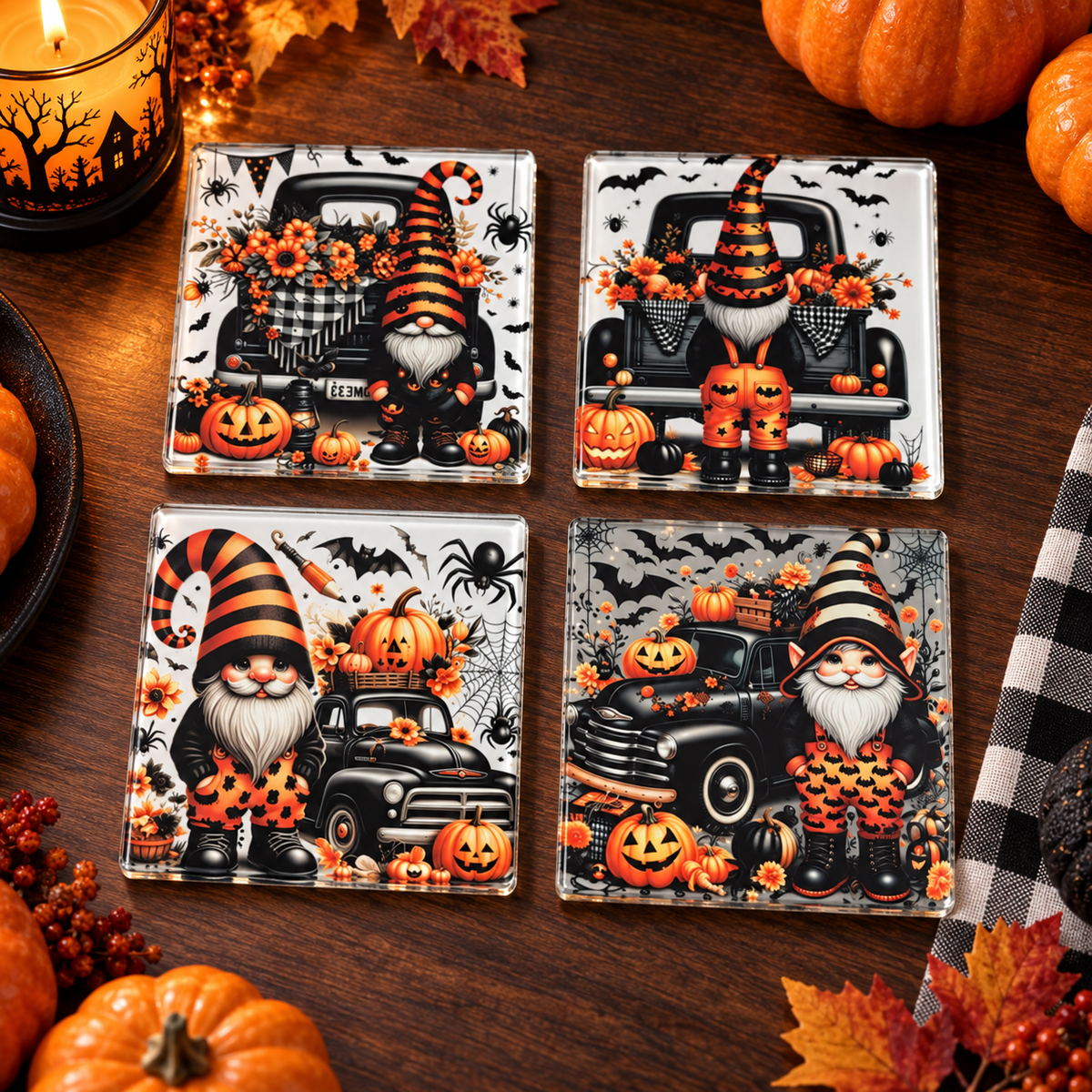 Halloween Gnome Glass Coaster Set