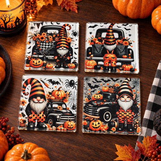 Halloween Gnome Glass Coaster Set
