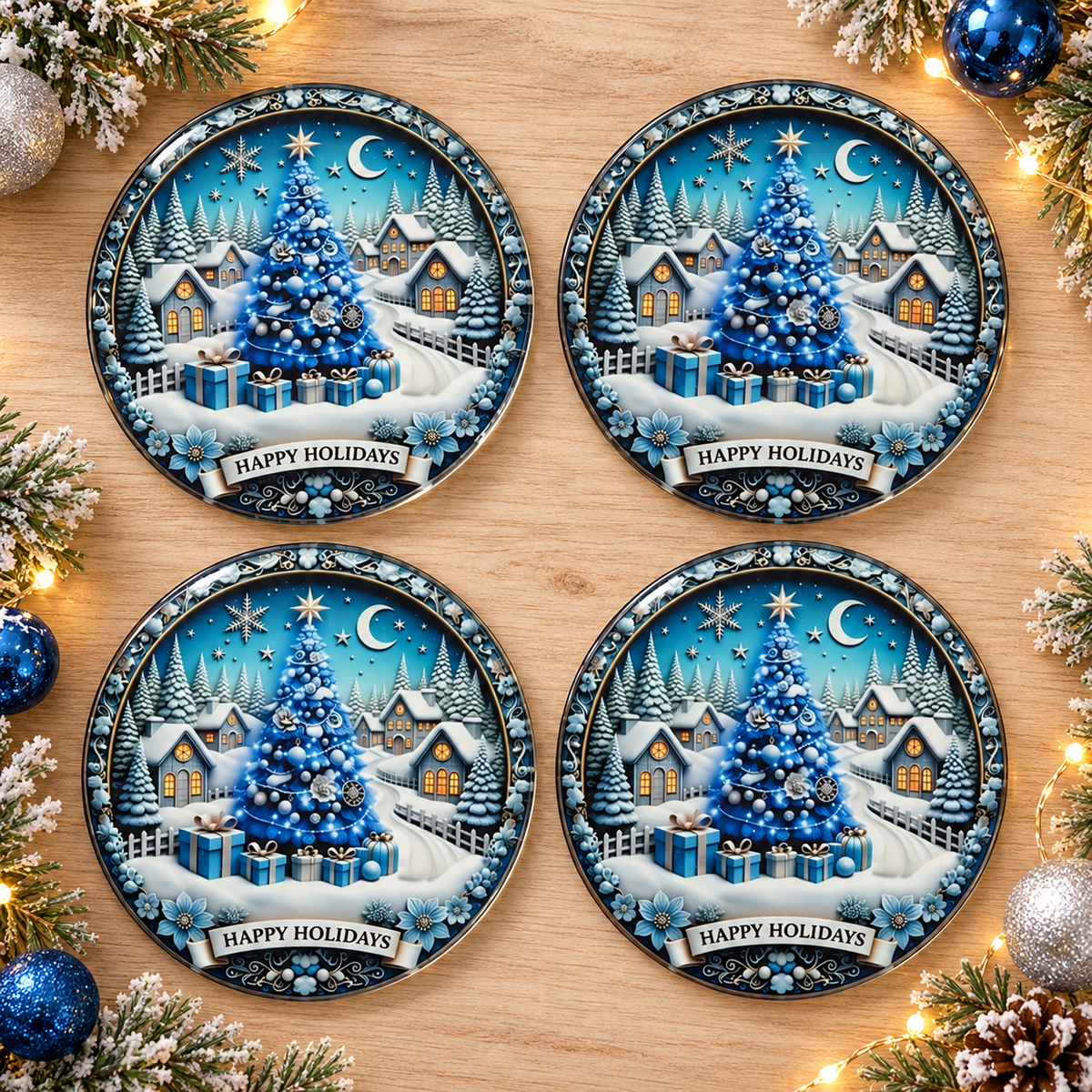 Happy Holidays Round Glass Coaster Set