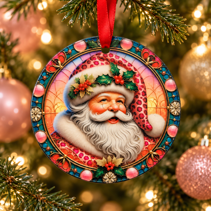 Pink Santa Glass Ornament