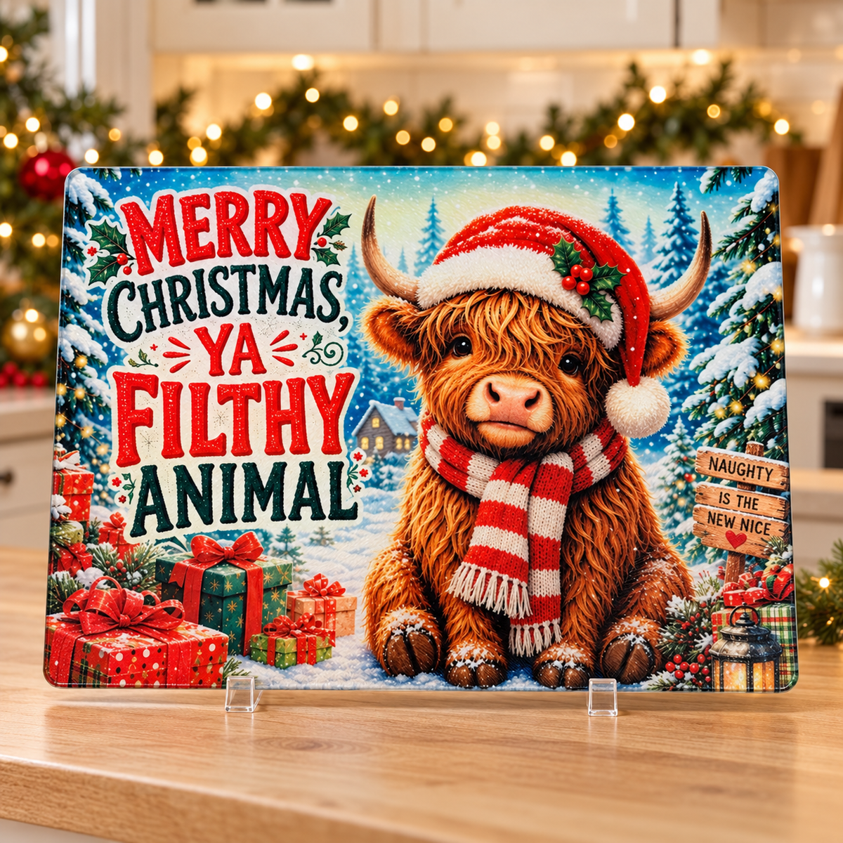 Merry Christmas Highland Cow Glass Cutting Board
