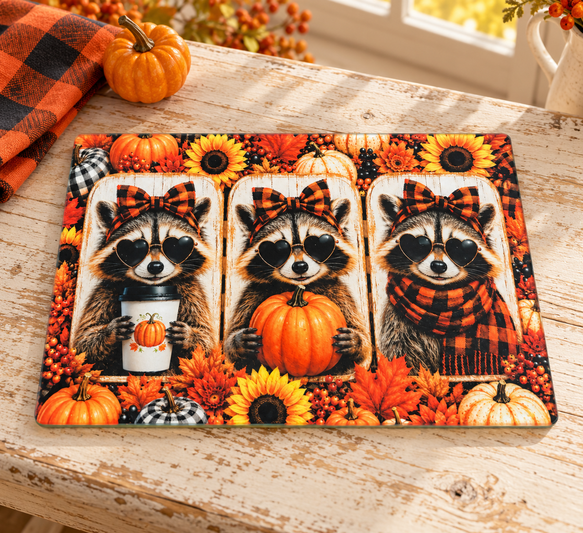 Fall Raccoon Glass Cutting Board