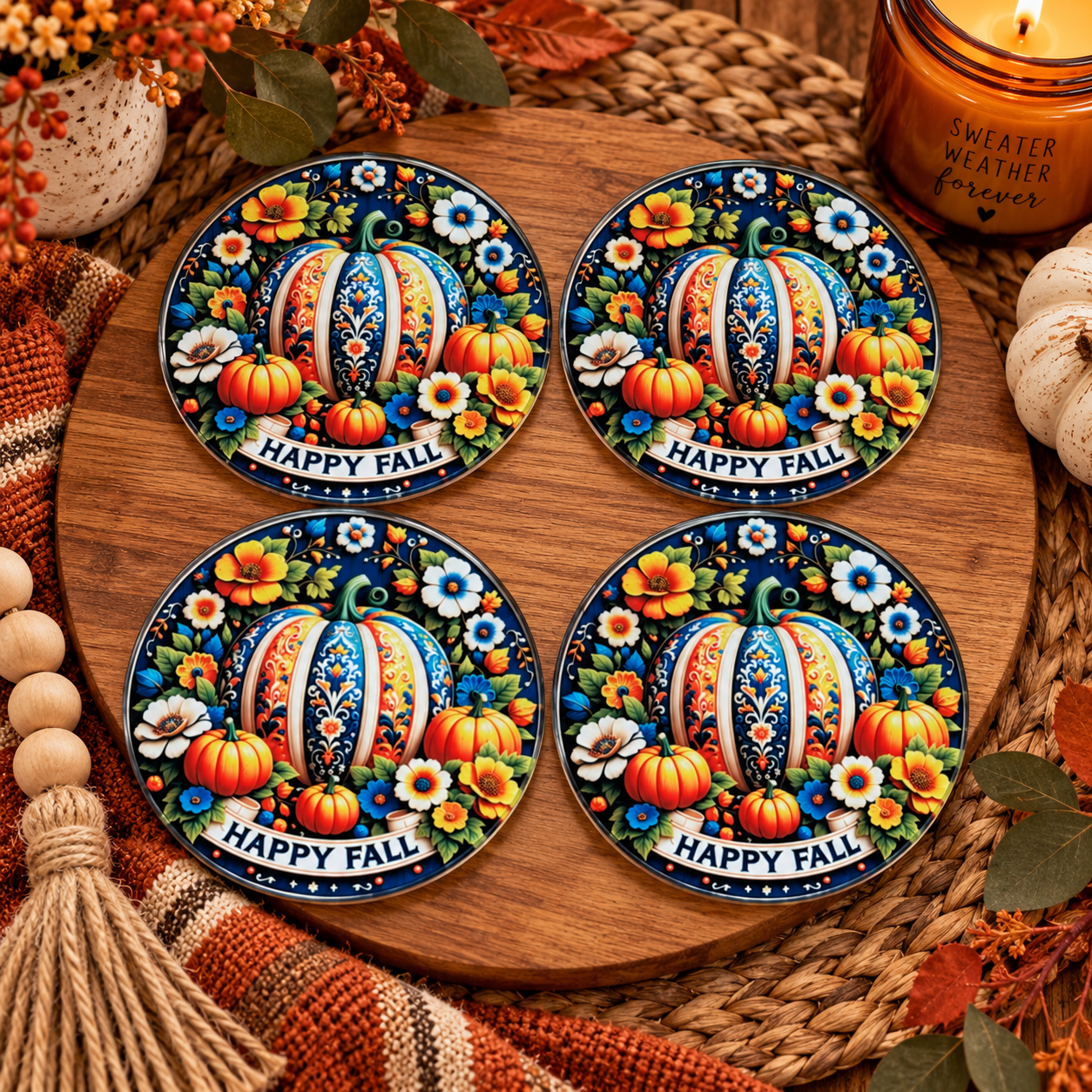 Happy Fall glass coaster set