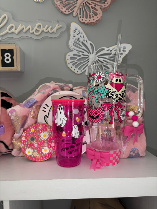 40oz bling lid tumblers with Halloween blanket and 20oz glass tumbler