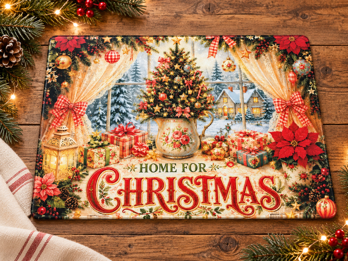 Home For Christmas Glass Cutting Board
