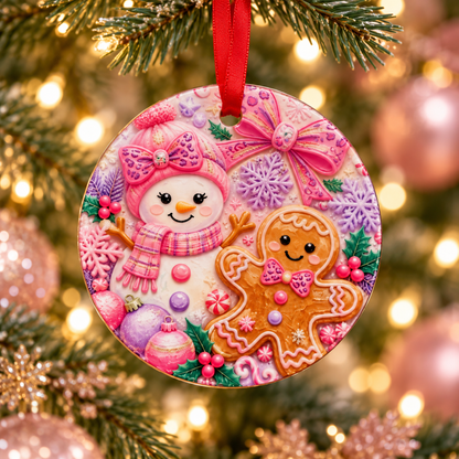 Pink Snowman Glass Ornament