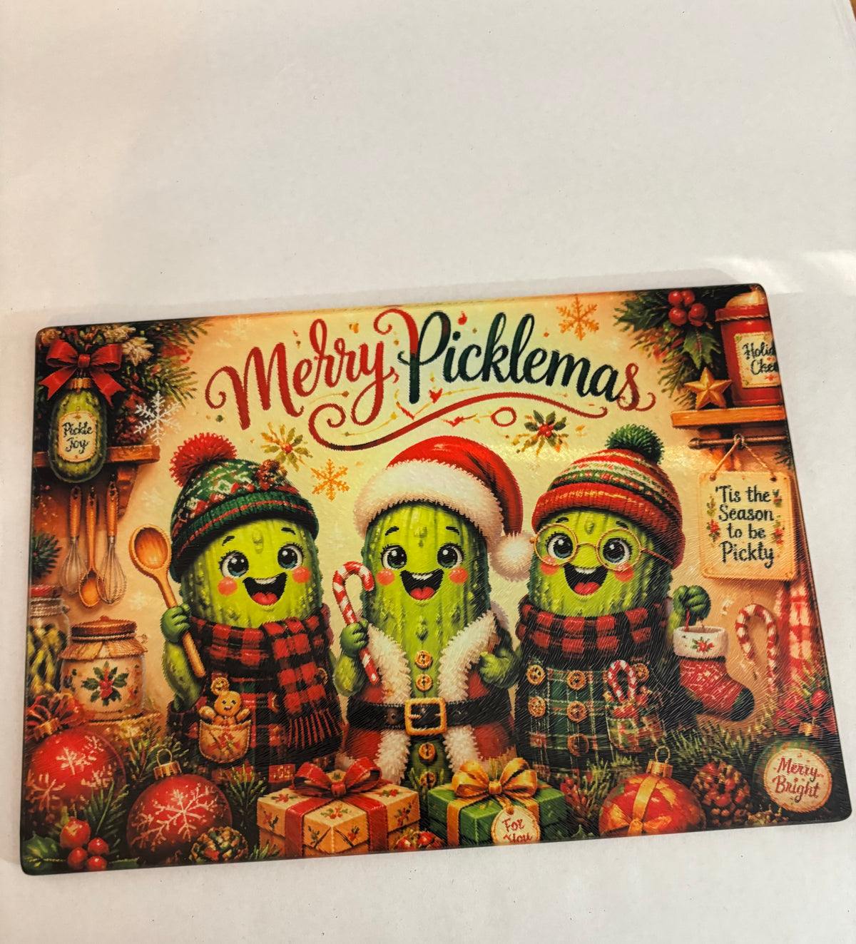 Merry Picklemas Glass Cutting Board