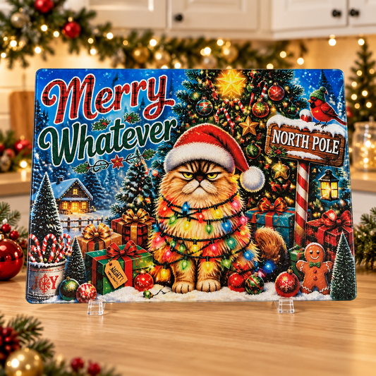 Merry Whatever Cat Glass Cutting Board