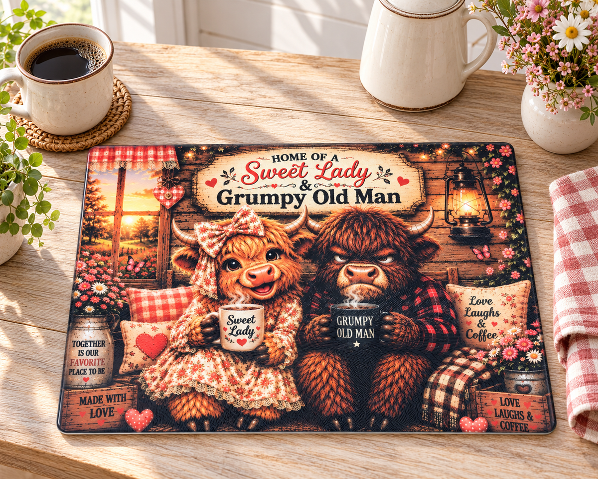 Sweet Old Lady Grumpy Old Man Glass Cutting Board