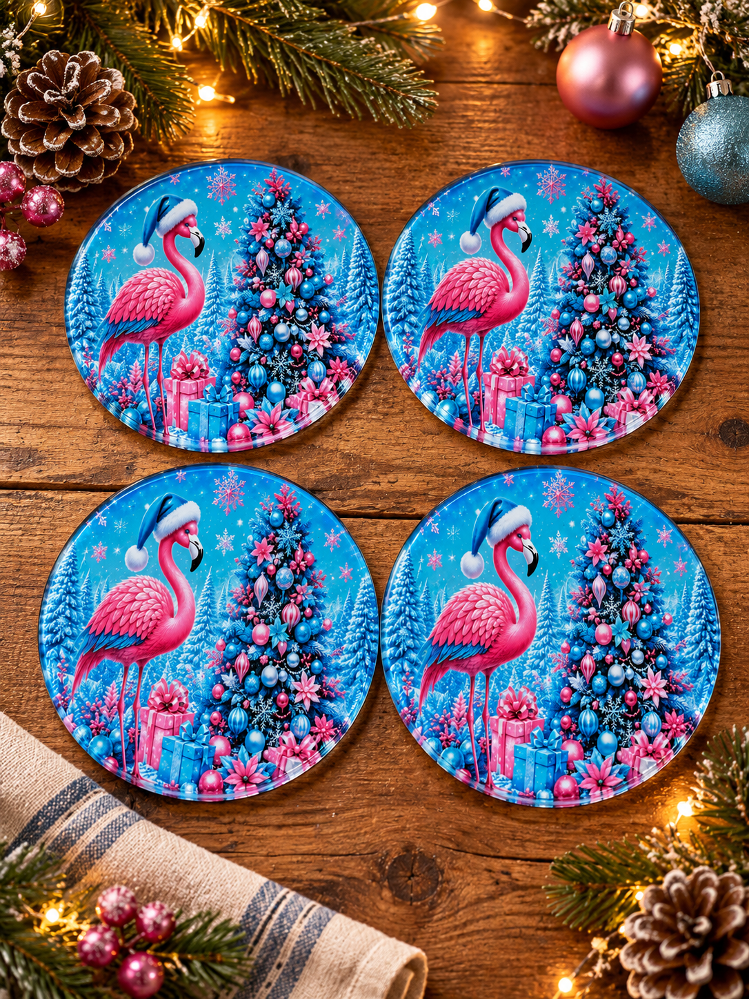 Flamingo Christmas Glass Coasters
