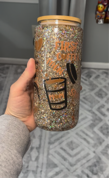 First Coffee glass snow globe tumbler | Glitz & Glamour Tumblers