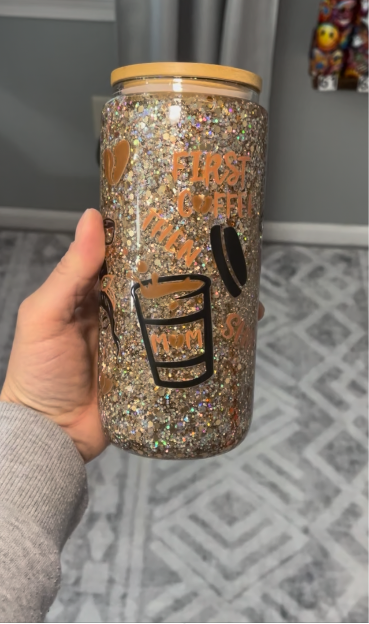 First Coffee glass snow globe tumbler | Glitz & Glamour Tumblers