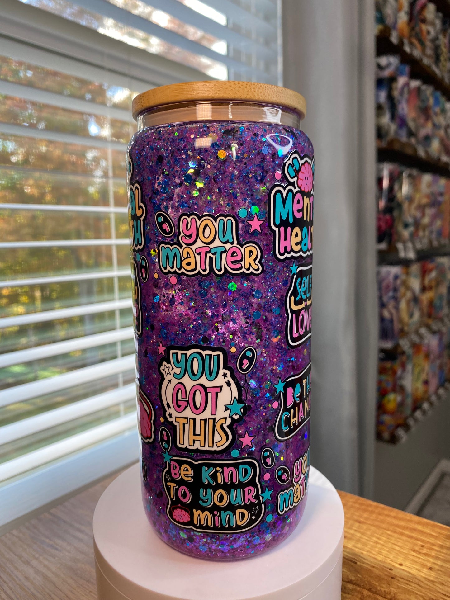 Mental Health Glass Snow Globe Tumbler | Glitz & Glamour Tumblers