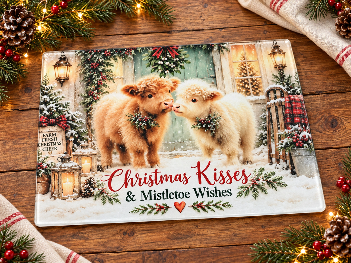 Christmas Kisses Glass Cutting Board