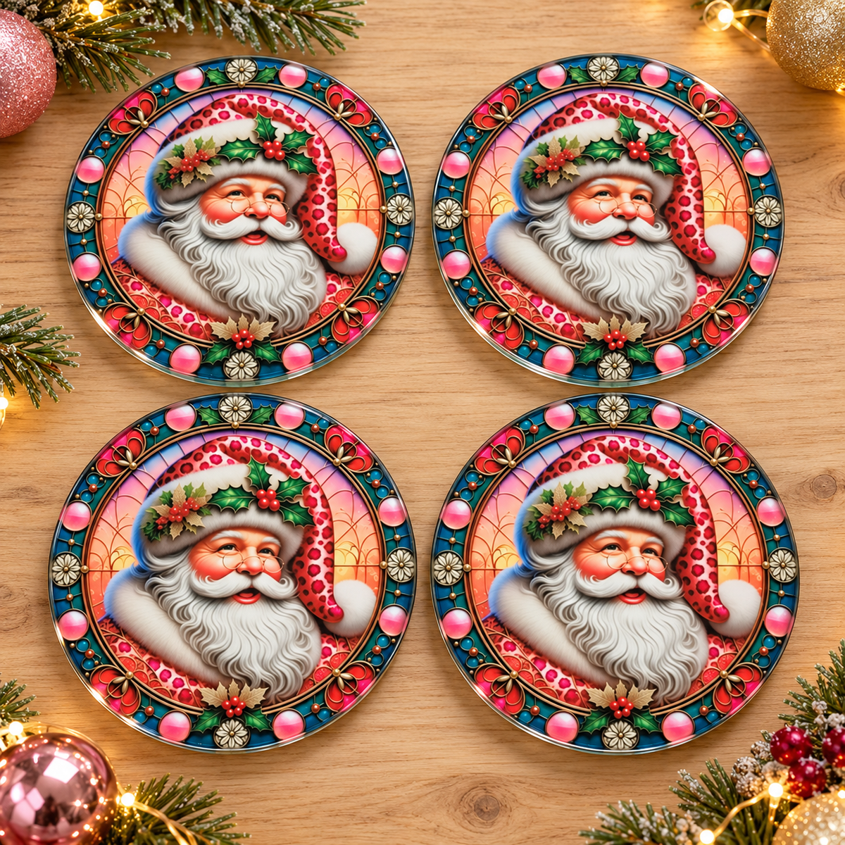 Pink Santa Round Coaster set