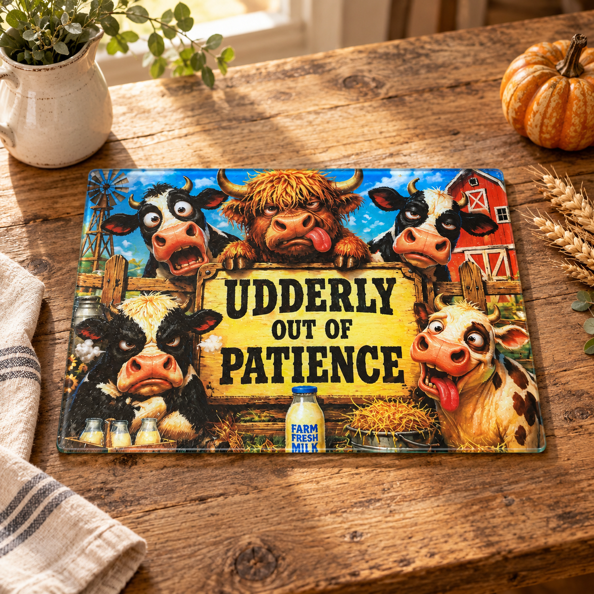 Udderly Out of Patience Glass Cutting Board