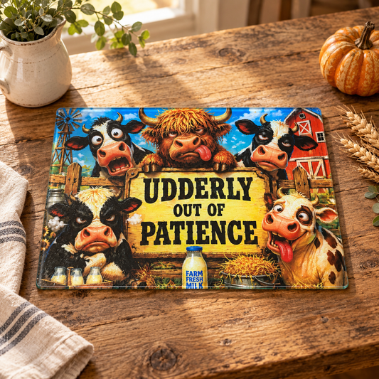 Udderly Out of Patience Glass Cutting Board