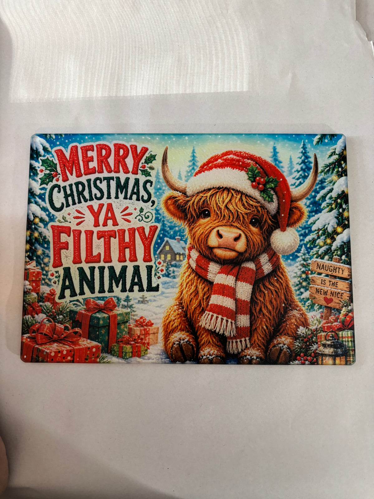 Merry Christmas Highland Cow Glass Cutting Board