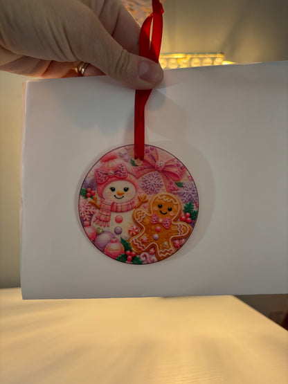 Pink Snowman Glass Ornament