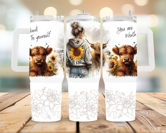40oz Bee Kind Highland Cow Tumbler | Glitz & Glamour