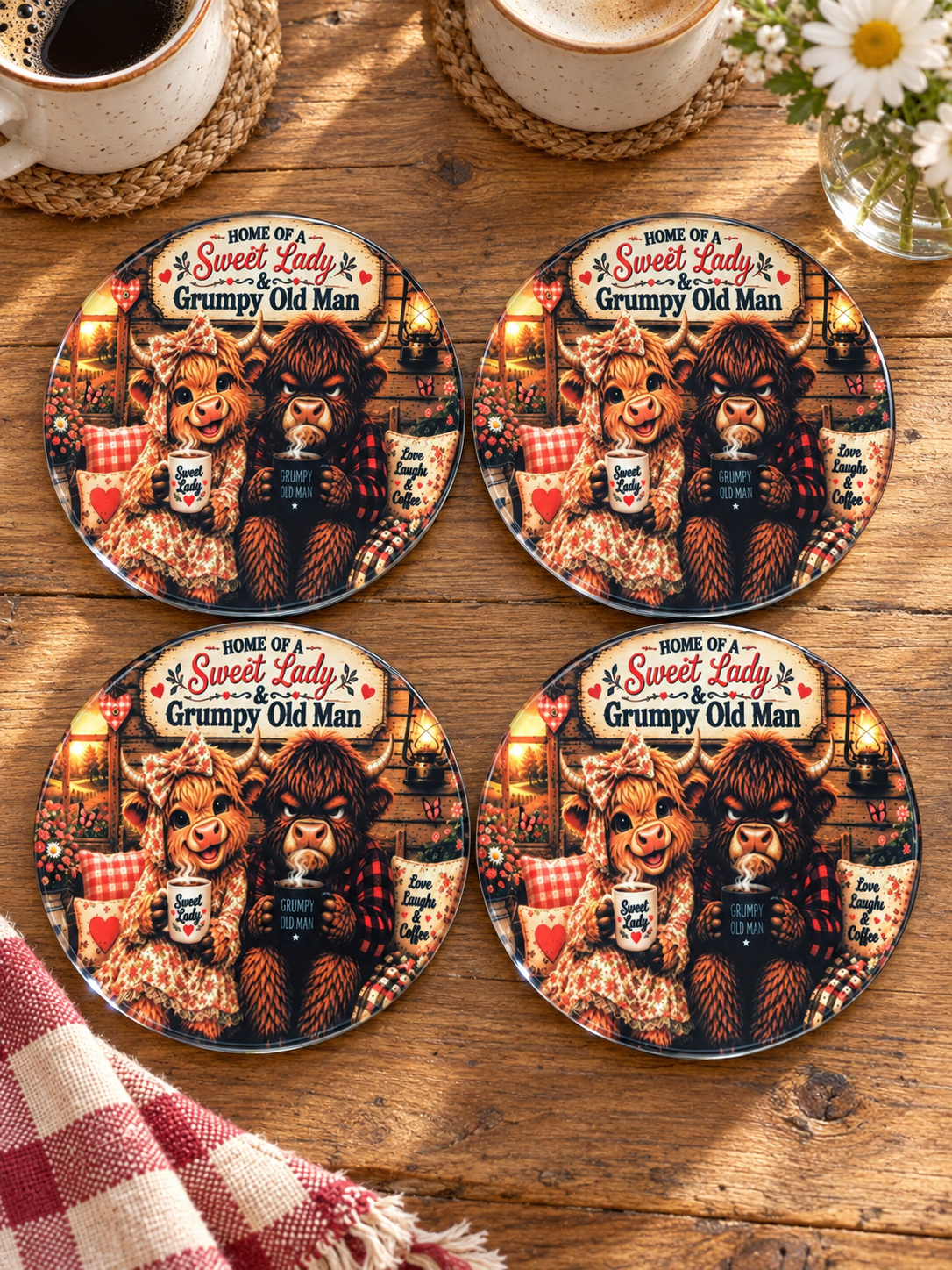 Sweet Old Lady Grumpy Old Man Glass Coasters