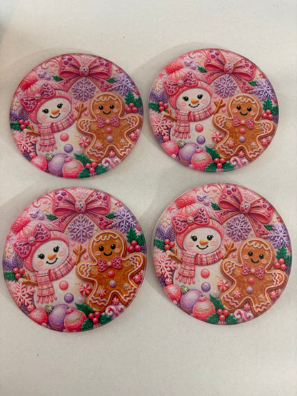 Pink Snowman Round Glass Coaster Set