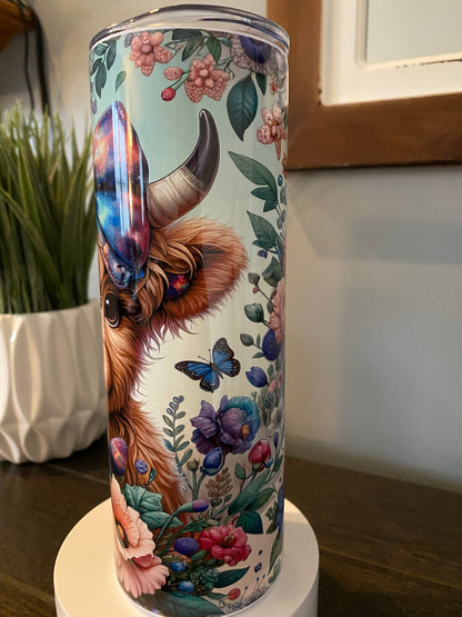 Highland Cow With Bow Floral Design Tumbler | Glitz & Glamour Tumblers