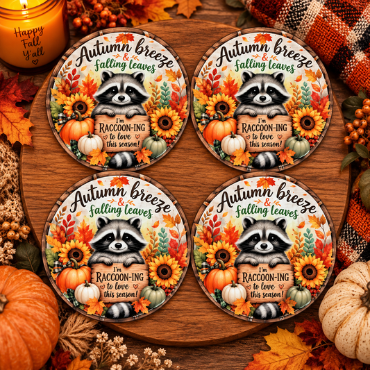 Autumn Raccoon glass coaster set