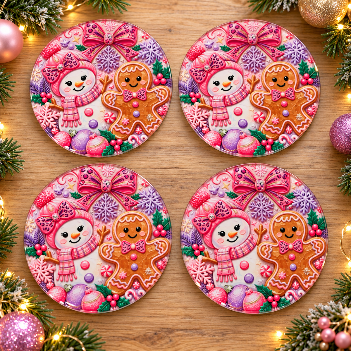 Pink Snowman Round Glass Coaster Set