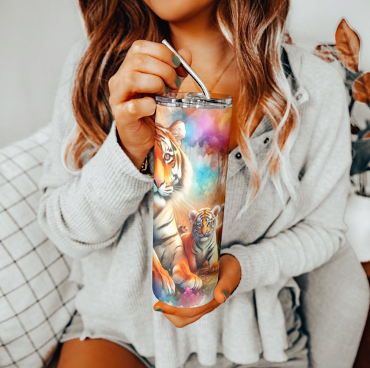 Tiger with Cubs Watercolor Design Tumbler | Glitz & Glamour Tumblers