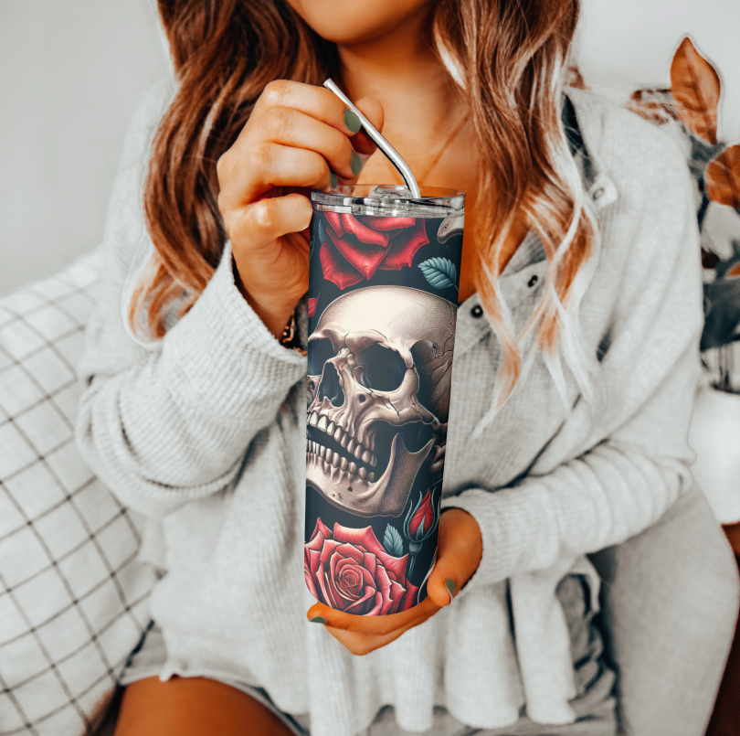 Skull With Red Roses Tumbler | Glitz & Glamour Tumblers