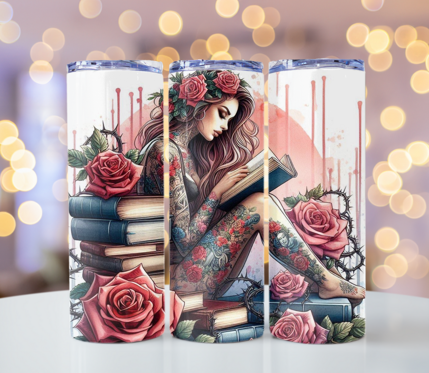 Beautiful Tattoo Girl Reading Tumbler | Glitz & Glamour Tumblers