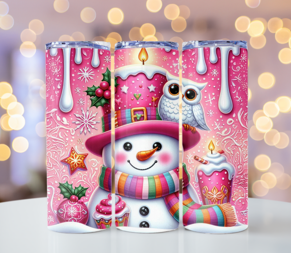 Cute pink winter snowman